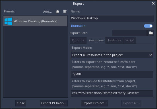 Extension Export Options
